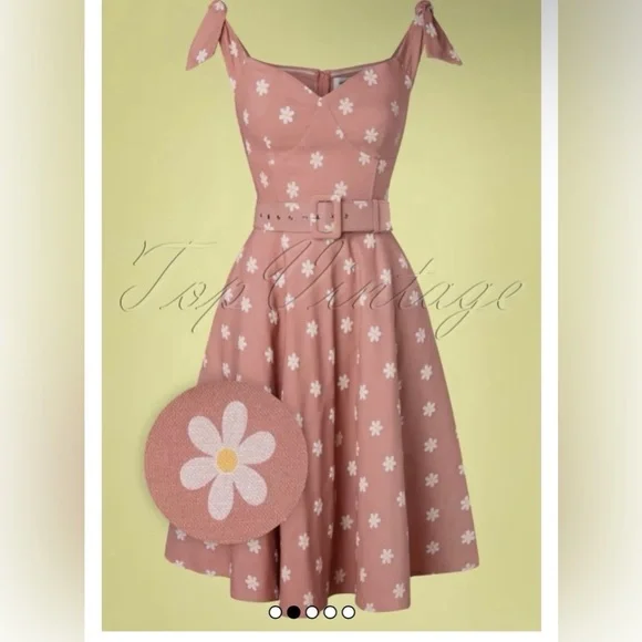 Unique Vintage 50s Prairie Daisy Swing Dress in Powder Pink, Size Large, NWT! - Picture 5 of 16